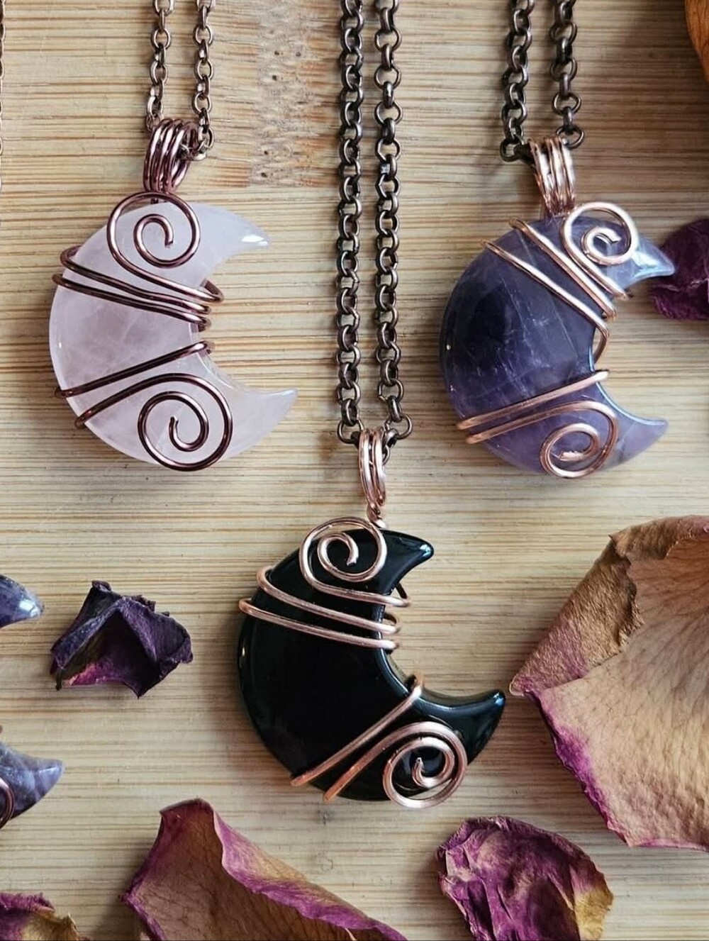 Handcrafted Crescent Moon Wire Wrap Stone Pendant Necklace